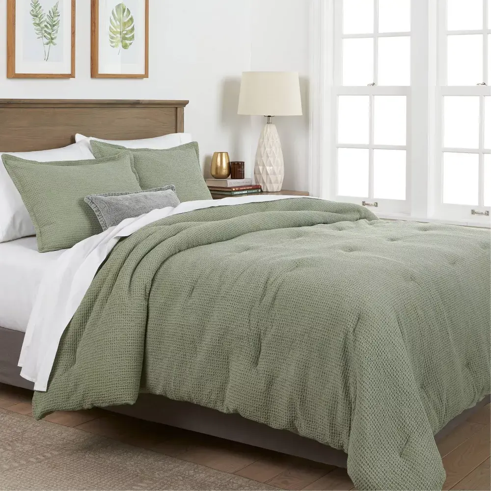 Full/Queen Washed Waffle Weave Comforter and Sham Set Sage Green - Threshold: OEKO-TEX Certified 3-Piece