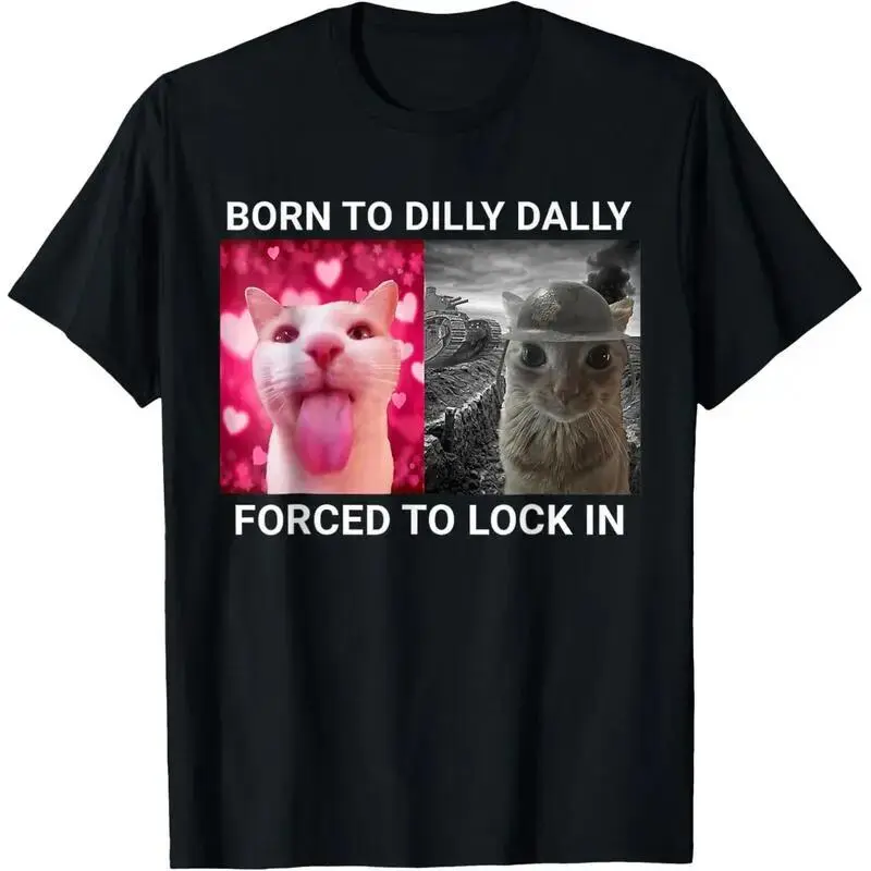 Oversized Cotton T-Shirt with Funny Born To Dilly Dally Cat Graphic, Unisex Casual Loose-Fit Top for All Seasons