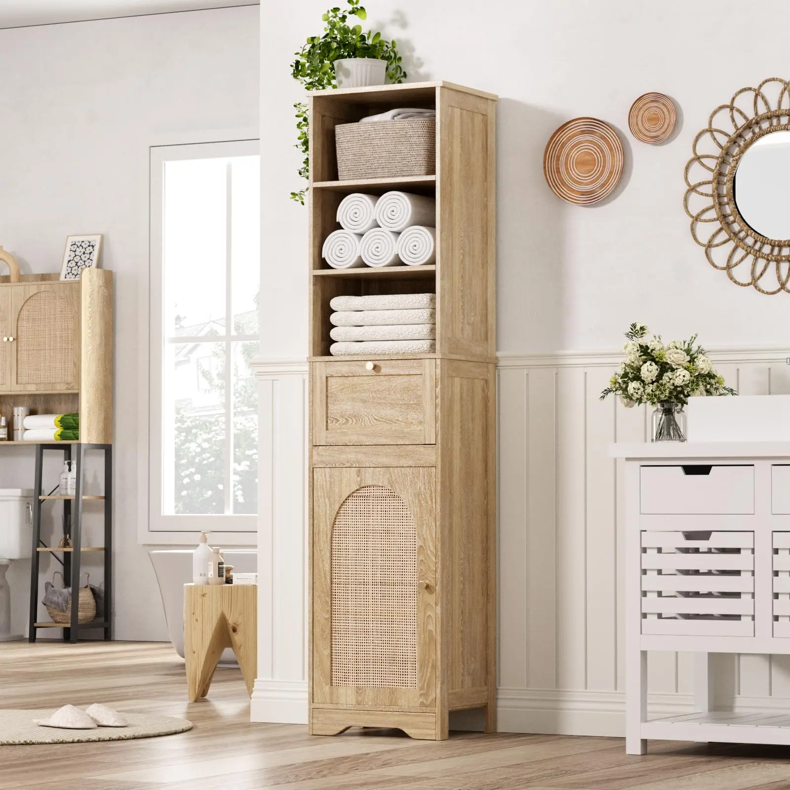 [tiktokshopbacktoschool] Vabches 67''H Bathroom Storage Cabinet with Rattan Doors and Slide storage, Tall narrow standing Tower Cabinet with Adjustable Shelves, Small Bathroom Floor Cabinet for Entryway, Kitchen, Natural