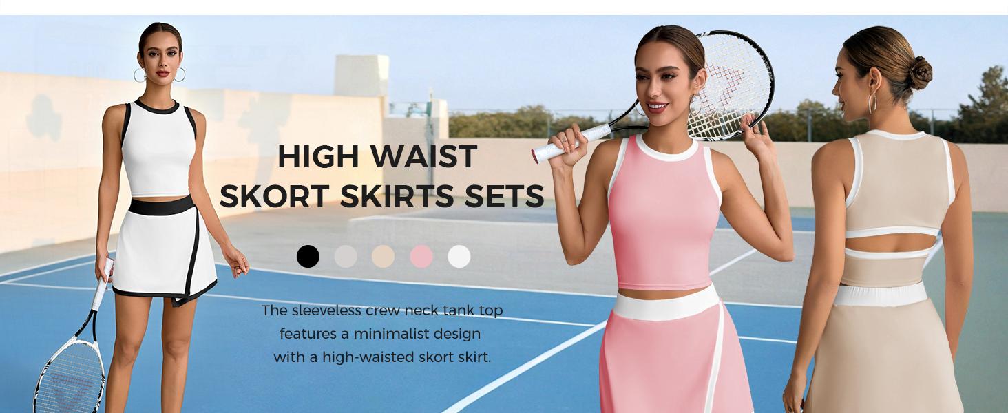 FISOEW Sports  2026 Summer Spring Womens 2 Piece Outfits Casual Sleeveless Contrast Color Tank Tops Workout High Waisted Skort Skirts Sets Fashion Minimalist FallFreshness Shorts Clothes, SpringStatements