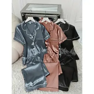 3 Sets Women's Solid Satin Casual Pajama Set, Short Sleeve Buttons Lapel Top & Pants, Comfortable Relaxed Fit（gift）