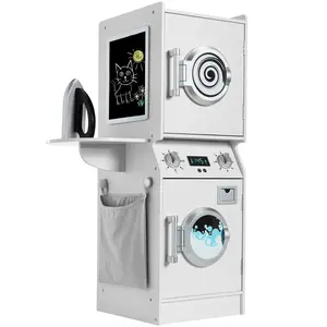 Best Choice Products Pretend Play Kids Wooden Stacked Washer & Dryer Set w/ Toy Laundry Storage and Accessories