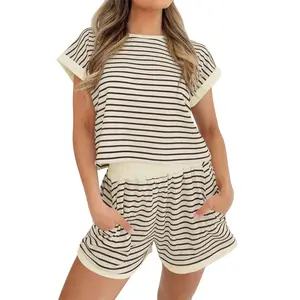 Tankaneo Women's Summer 2-Piece Outfit Striped Short-Sleeve T-Shirt & Shorts Lounge Set Soft Knitted Fabric Comfortable & Breathable