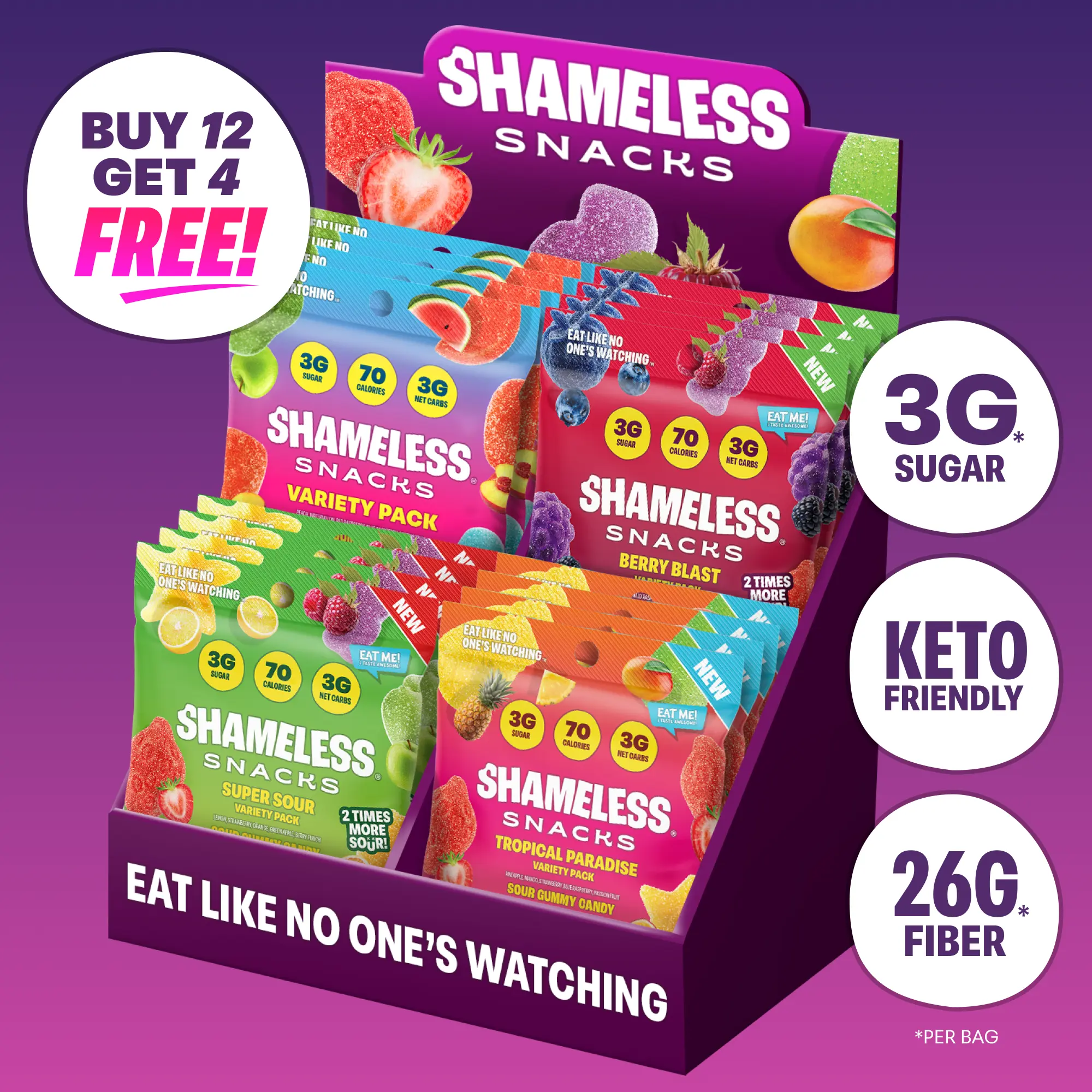 Shameless Snacks Gummy Candy Bundle - Buy 12 Get 4 Free - Sweet & Sour All-Stars, Berry Blast, Tropical Paradise & Super Sour Variety Packs | Low Sugar, Keto Friendly, Vegan, Gluten Free Sour Candy