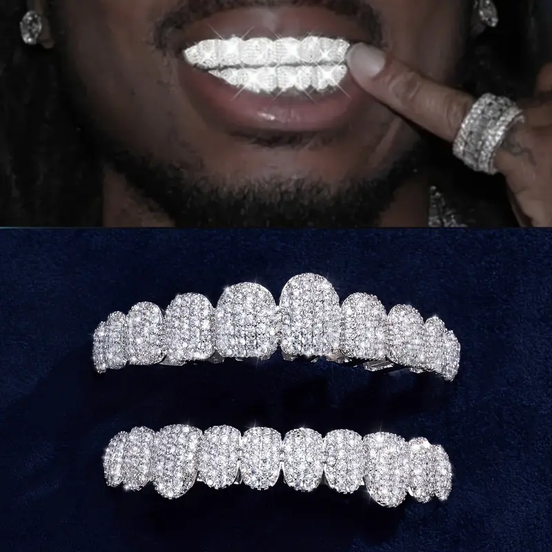 2count Hip Hop Cubic Zirconia Teeth Grill, Set Up Sparkling Punk Teeth Caps for Rappernd Role Playe, Top and Bottom Kits, Fashionable custom  grillz grills Retainer Braces Stainless Wire Brace