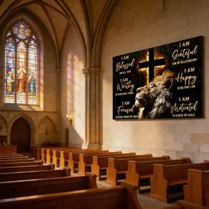 Lion & Cross Aesthetic Canvas Wall Decor, Artistic Decoration for Everyone, Portable Installation, Beautiful Gift Idea for Home Artwork Photo
