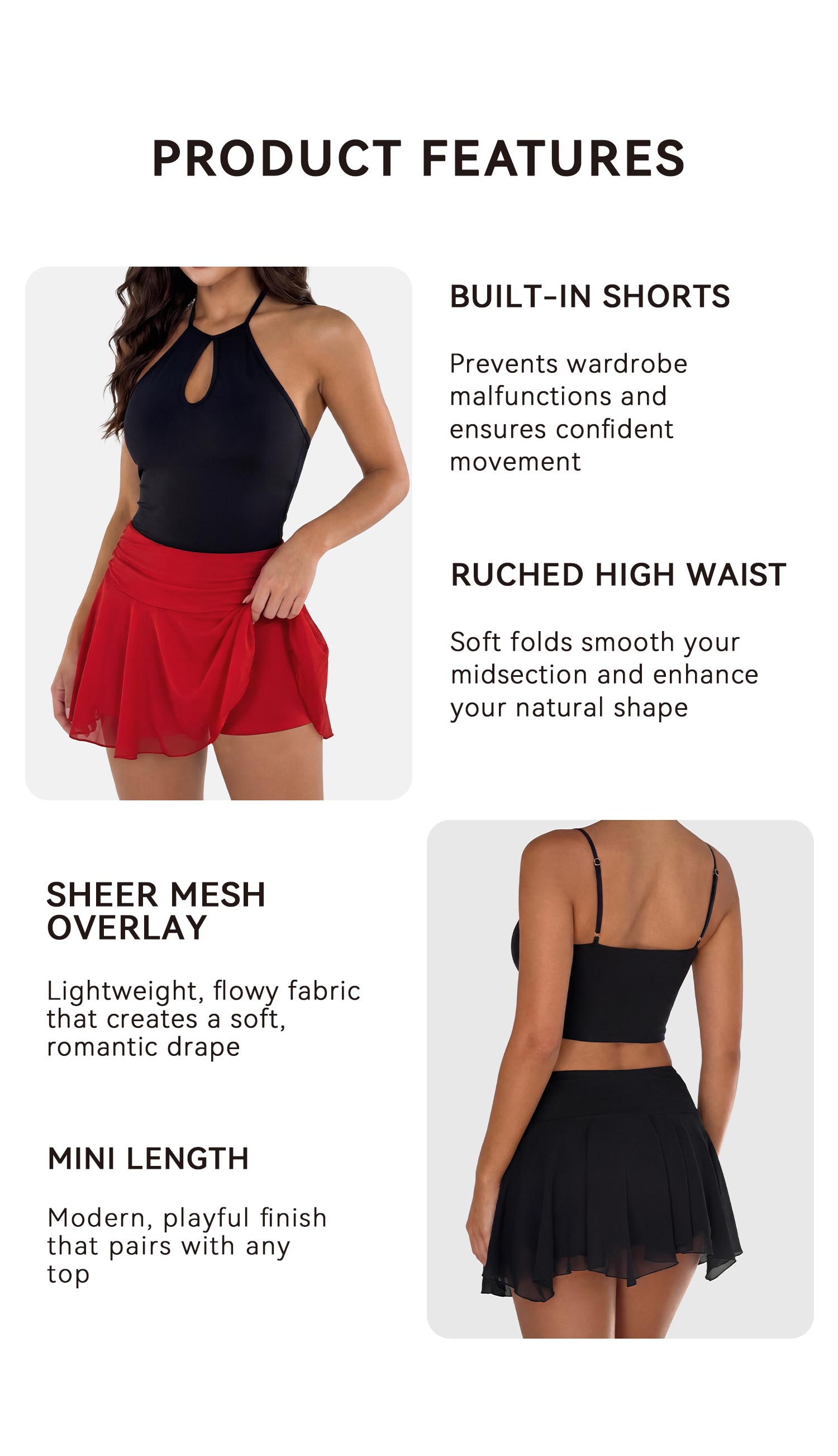 OQQ-Nine cents High-Waisted Mesh Mini Skirt with Built-In Shorts, Versatile, Slim-Fit, Pleated, Preppy A-Line Skirt for Y2K & E-Girl Styles