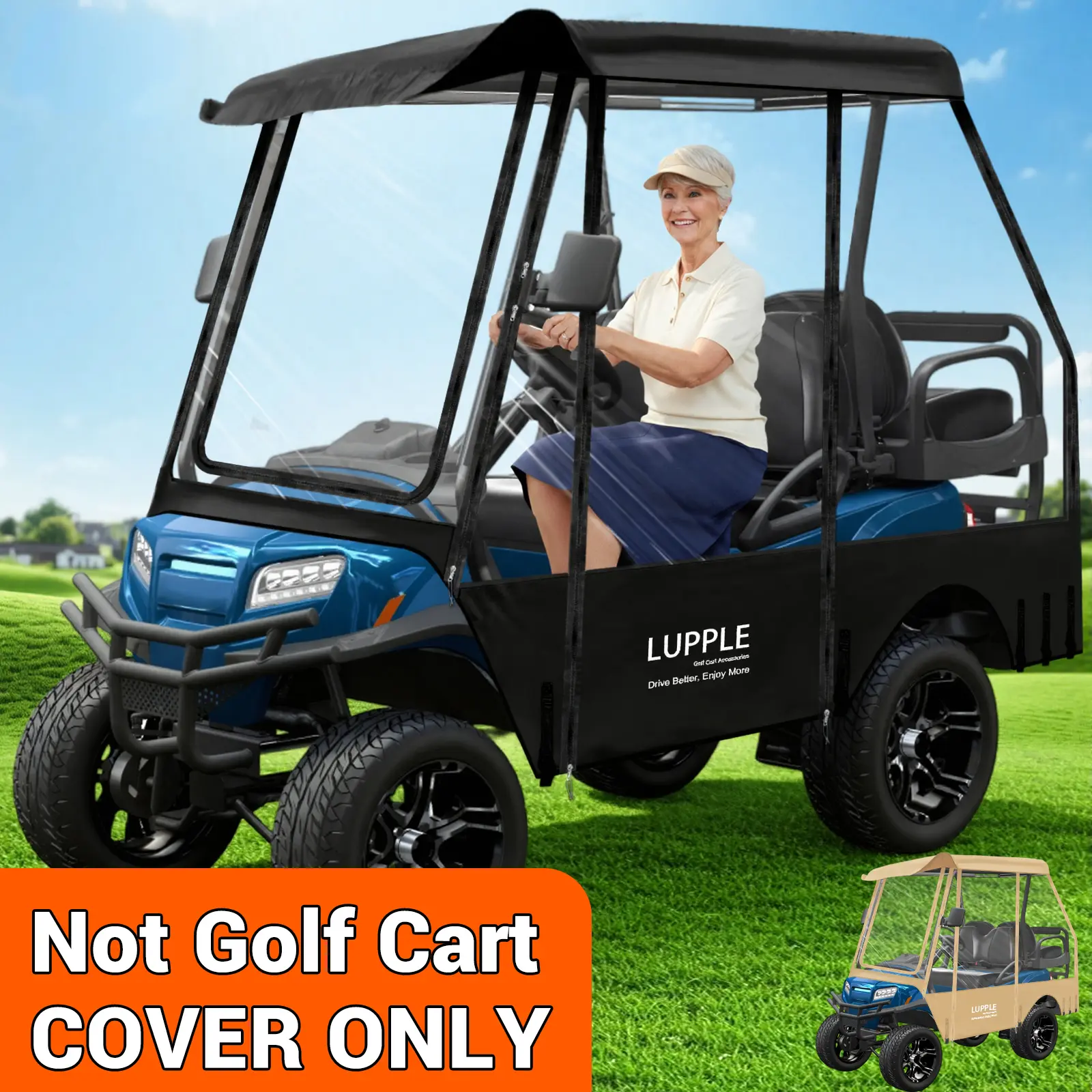 LUPPLE 4-Passenger Golf Cart Enclosure for Club Car Precedent, Short Roof 59 in Water-Resistant Rain Cover, 2+2 Winter Protection with 600D Oxford and 4-Sided Clear PVC Zippered Doors