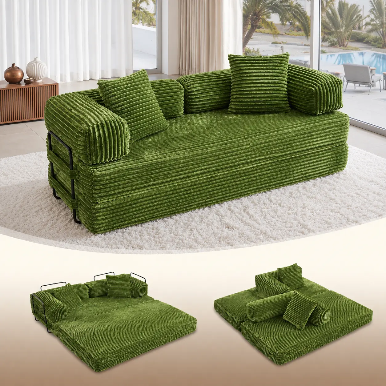 OOSWIFT 80" Cloud Floor Sofa Bed 5-in-1 Folding High-Quality Convertible Comfy Corduroy Fabric, Premium Sponge Padding, Multi-Functional Floor Sofa & Mattress for Living Room Upholstered Soft Couch,Christmas gift