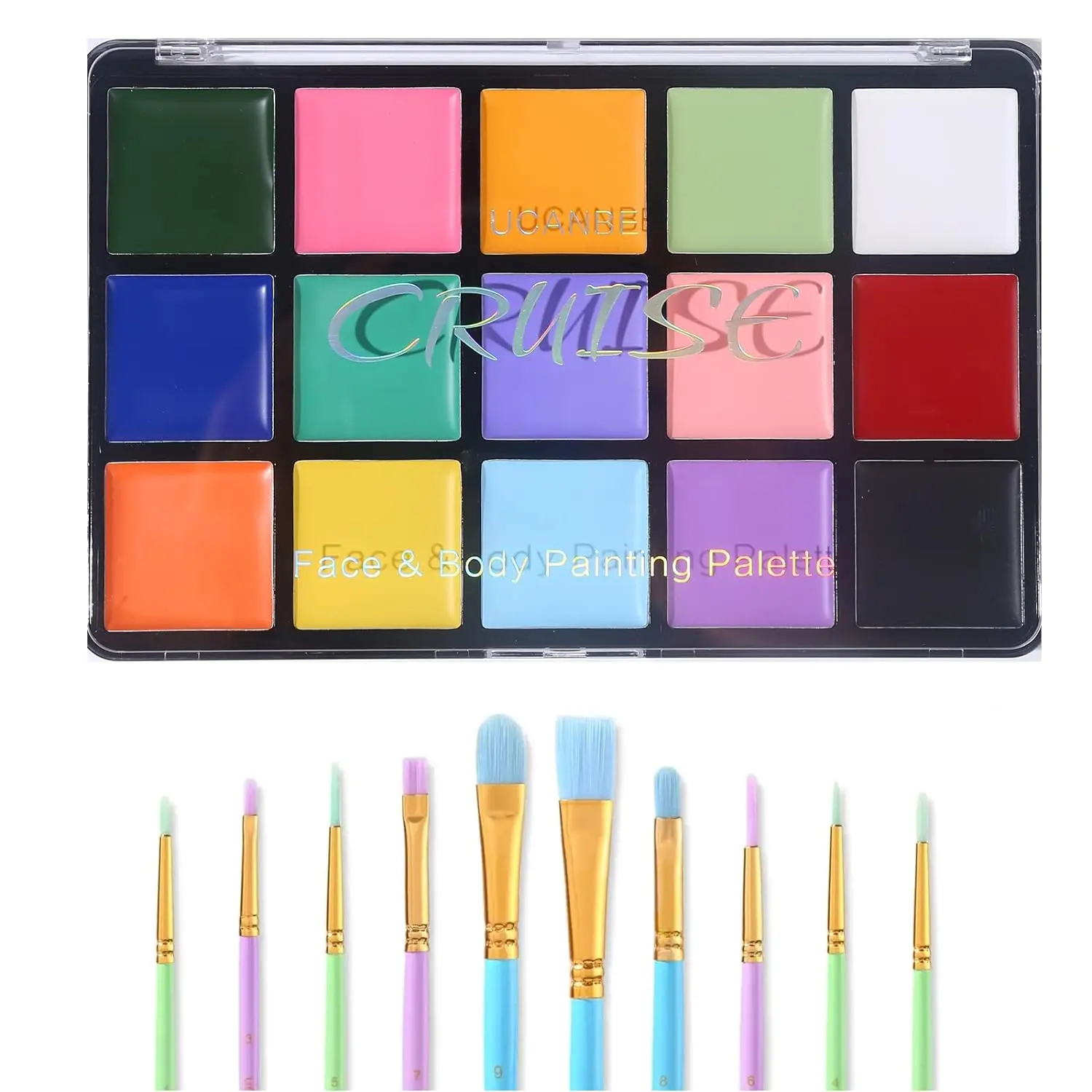UCANBE Face and Body Paint Set, 15-Color Palette Makeup Kit with 10 Colorful Artist Brushes, Oil-Based Paint for Halloween, Cosplay, Parties, and SFX Costumes,sunscreen