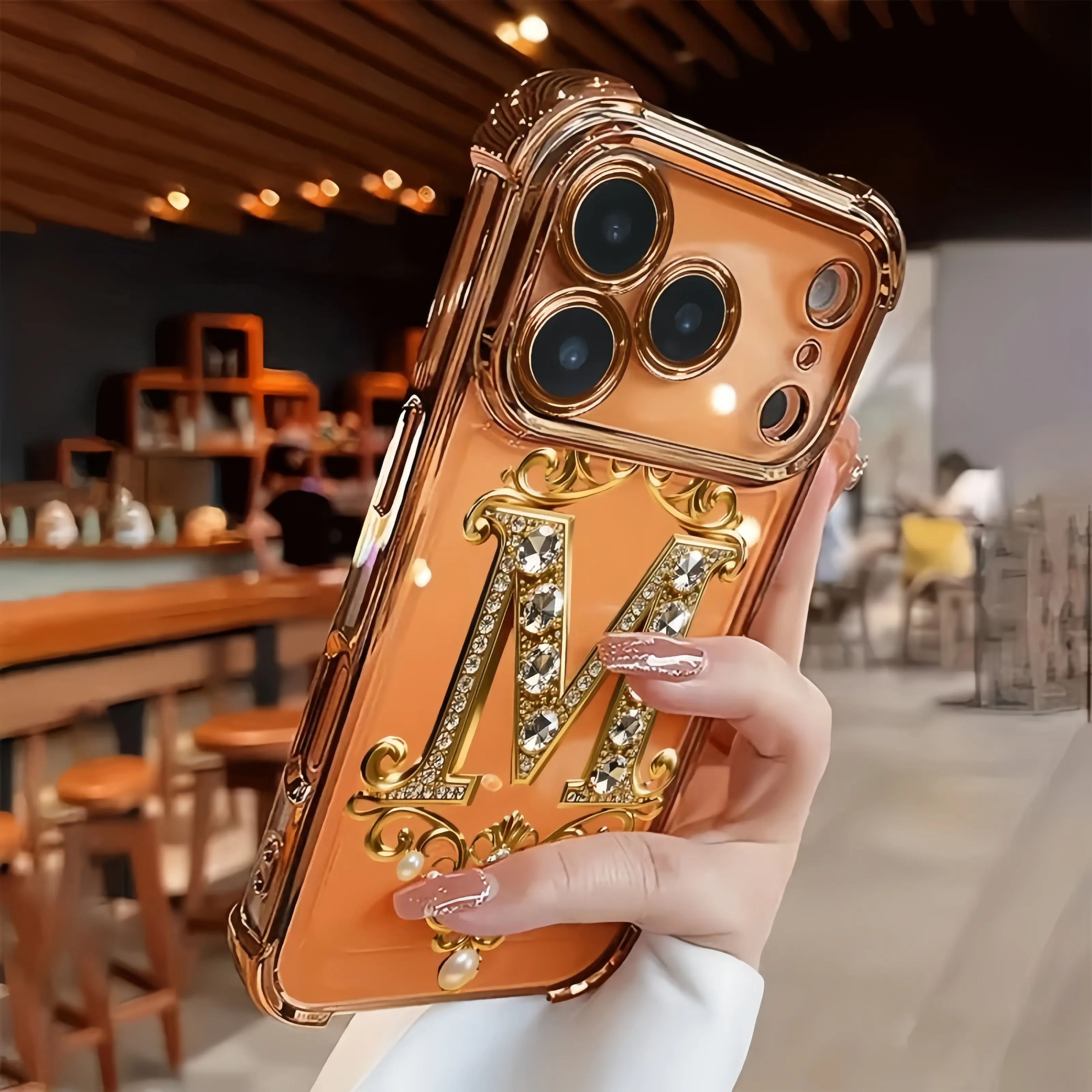 Non-3D Raised TPU Full-Coverage Lens Protector Smartphone Case - Luxury Diamond M Design, Gold Accents, Shockproof, Non-Slip, Fits iPhone 17 16 15 14 13 12 11 Pro ProMax Plus Air Series, Ideal Gift