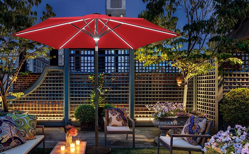 【Solar LED Strips】Yaheetech 9FT Patio Umbrella with Lighting Function, Outdoor Sunshade with Strip Lights & Hub Light, LED Table Market Umbrellas w/8 Ribs and Crank & Tilt