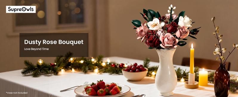 Supreowls Pink Roses Flower Bouquet Building Set, Artificial Flowers Botanical Collection Kit for Adults Women & Men - Gift for Valentines Day, Home Room Office Shelf Centerpieces Decor