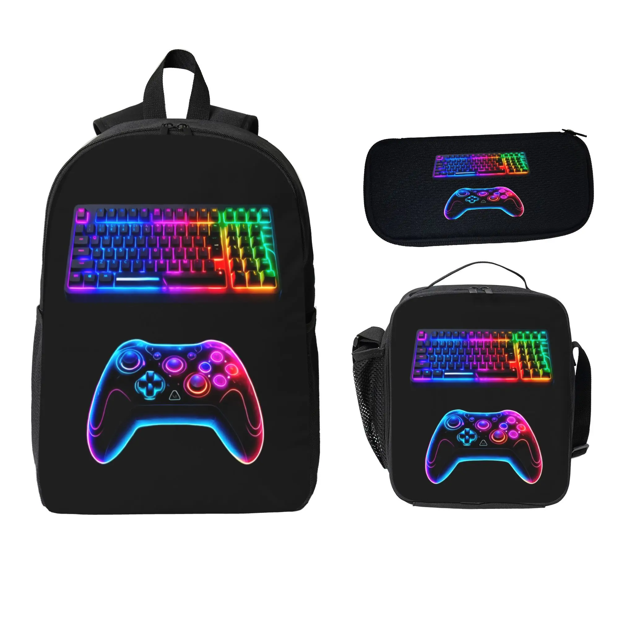 RGB Neon Gaming Keyboard Controller Backpack Set 3 Pieces, Colorful Gamer Gear Print Bookbag with Insulated Lunch Bag Pencil Case, Video Game Fan Aesthetic Back to School Backpack for Teen Boys Gamer Lovers