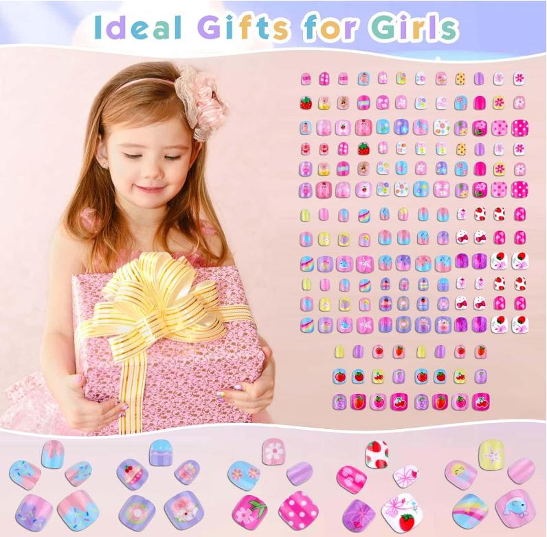 168Pcs Kids Press on Nails Set for Little Girls, Shynek Mini Fake Nails for Kids Pre Glue Stickers Nails Full Cover Small Nail Tips for Girls Gifts 8-10 (Extra Small Nail Size)