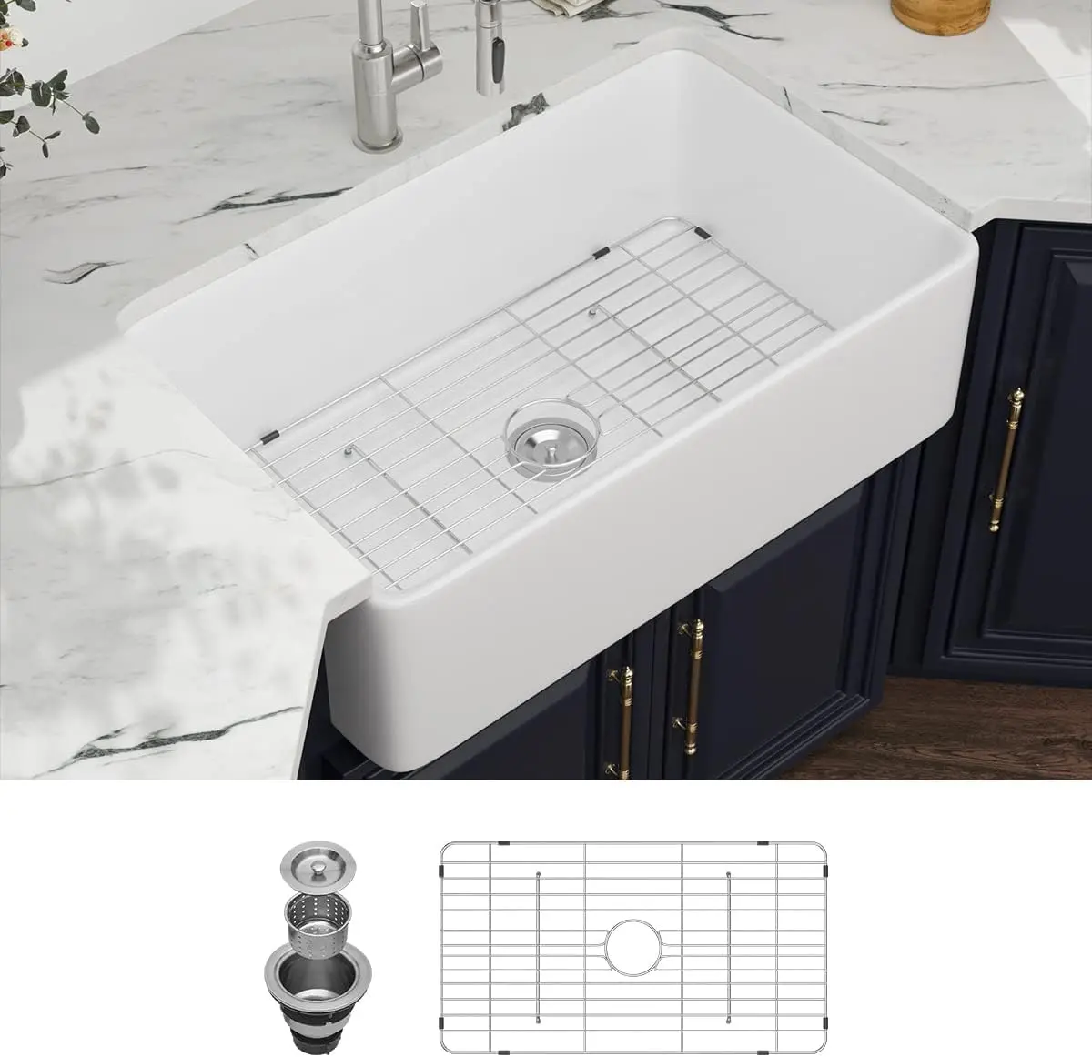 Kichae 30-Inch White Farmhouse Fireclay Ceramic Apron Front Single Bowl Kitchen Sink, 30x20x9-Inch Flat Deep Rectangular Basin with Rounded Corners, Fireclay Construction, Basket Strainer & Bottom Grid Included