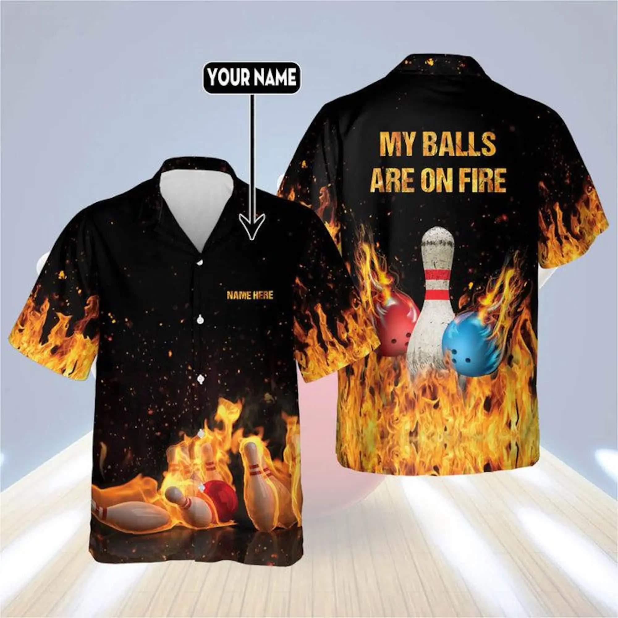 Custom My Balls Are On Fire Bowling Hawaiian Shirt For Men, Custom Flame Bowling Shirt Funny, Bowling Player Gift, Bowling Team Outfit