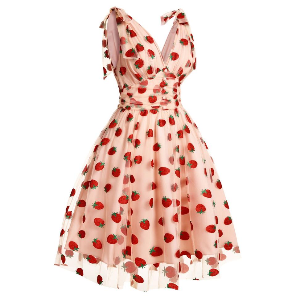 PINK 1950S STRAWBERRY MESH SWING DRESS Casual Elegant Classy Casual Breathable Outfits