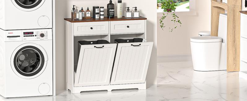 【Does Not Include Trash Can】 Dragosum Wooden Hidden Trash Can Cabinet with Double Tilt-Out Doors and Drawers | Organize Two 10 Gallon Bins in Kitchen, Living Room or Laundry Room – Space Saving Design