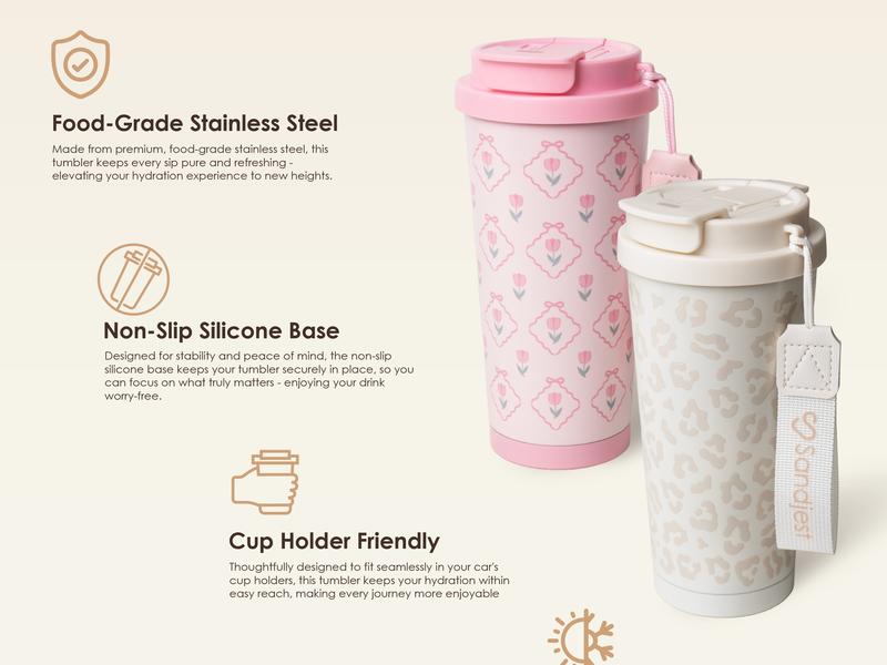 Sandjest 18oz Insulated Iced & Hot Coffee Tumbler with 2-in-1-Lid, Leak Proof Portable Car-Friendly Cup Ideal for Office Outdoor Travel Valentine Gift