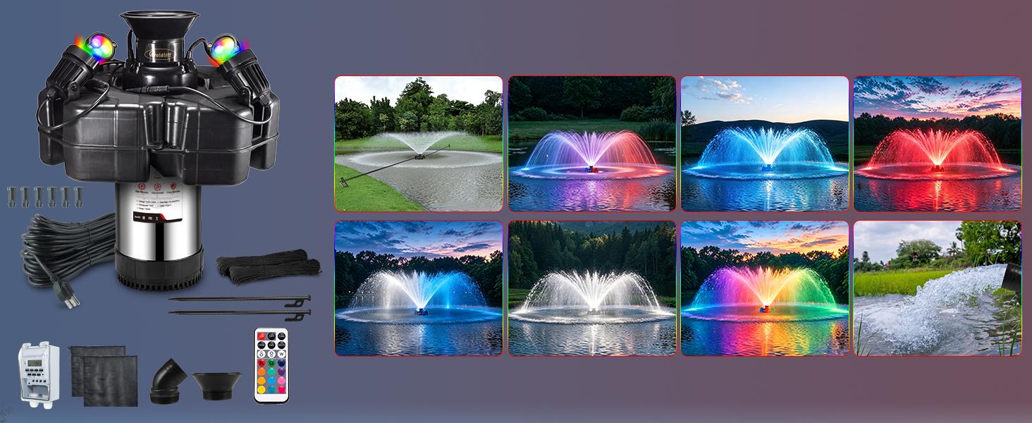 Goldlife Pond Fountain Aerator F4, With 4 RGB Lights, 110V 1HP 750W 15000GPH, 100FT Power Cord, Powerful Aerating Fountain Pump for Outdoor Small Large Pond Lake Garden Jet Fountain System