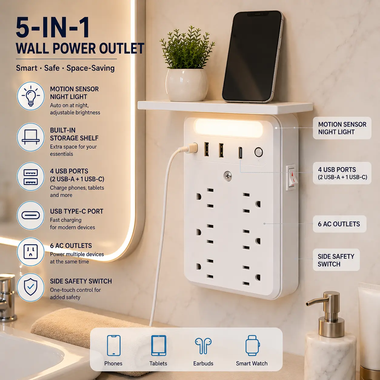 USB Socket Extender Wall Power Strip, Includes 3 USB Ports, 6 Outlets, 1 Type-C Port, 1 Night Light, Space-Saving, US Power Plug, 110-130V, Switch Protection, Suitable for Home, Travel, Office, and Multi-Scene Use, Convenient and Portable