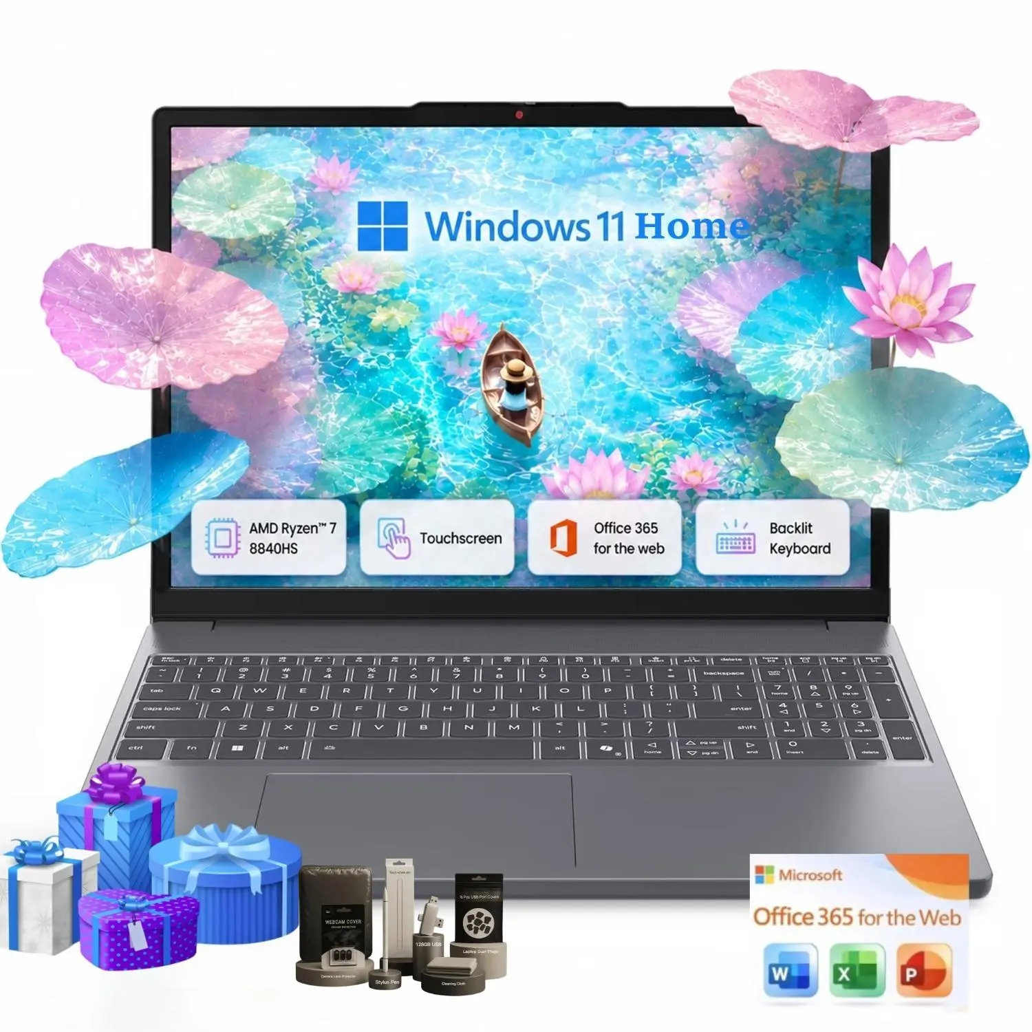 Lenovo 15.3‘’ Touchscreen Laptop Ryzen 7 8840HS Gray 2026,up to 32GB 1TB SSD, 1080p FHD IR camera, Radeon 780M graphics, Win 11 Home, Backlit keyboard,Bundle Accessories