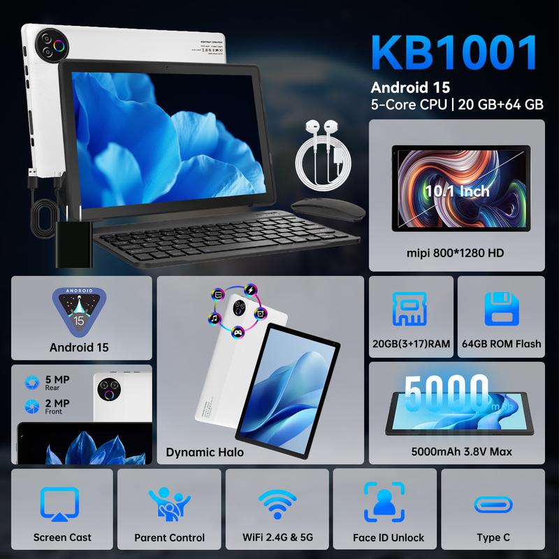 10.1-Inch 2-in-1 Tablet for Home & Daily Use, Android-Based System, 64GB Storage with TF Card Expansion, 1280×800 Display, Includes Keyboard, Mouse, Case, Stylus & Headphones