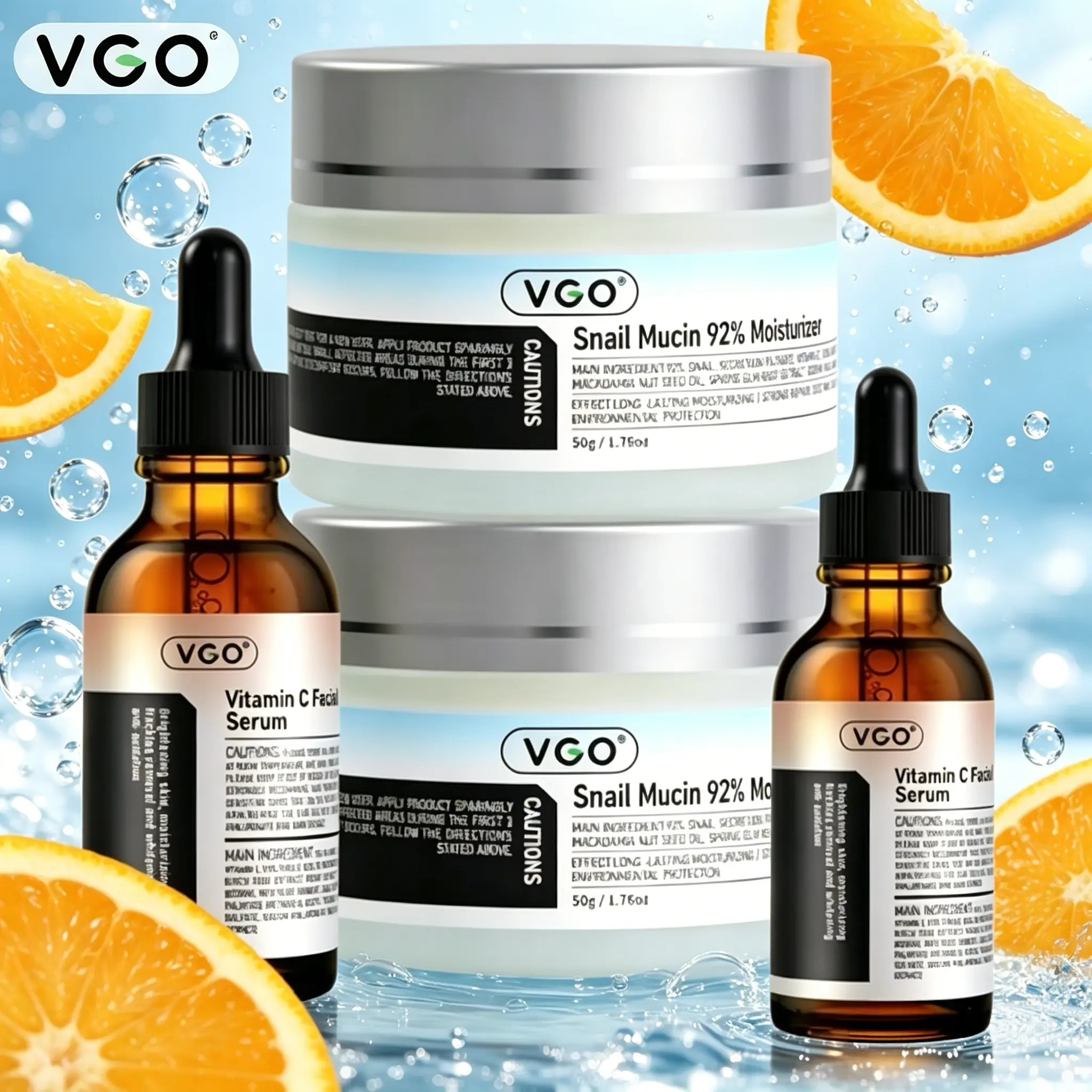 VGO Vitamin C Serum & 92% Snail Mucin Cream Set with Hyaluronic Acid - Hydrating, Anti-Aging Skin Repair, Gentle Daily Moisturizer for Dry & Sensitive Skin