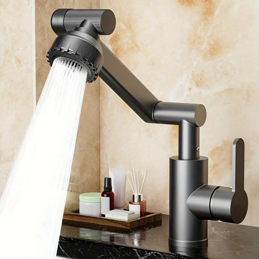 1080° Swivel Bathroom Vanity Faucet, Bathroom Vanity Tap, Waterfall Bathroom Faucets, Single-Handle Single-Hole Bathroom Faucet with Height-Adjustable Spout, 2 Spout Patterns and 2 Hoses, Washbasin Swivel Faucet, High arc faucet, Rotatable Rotary Faucet