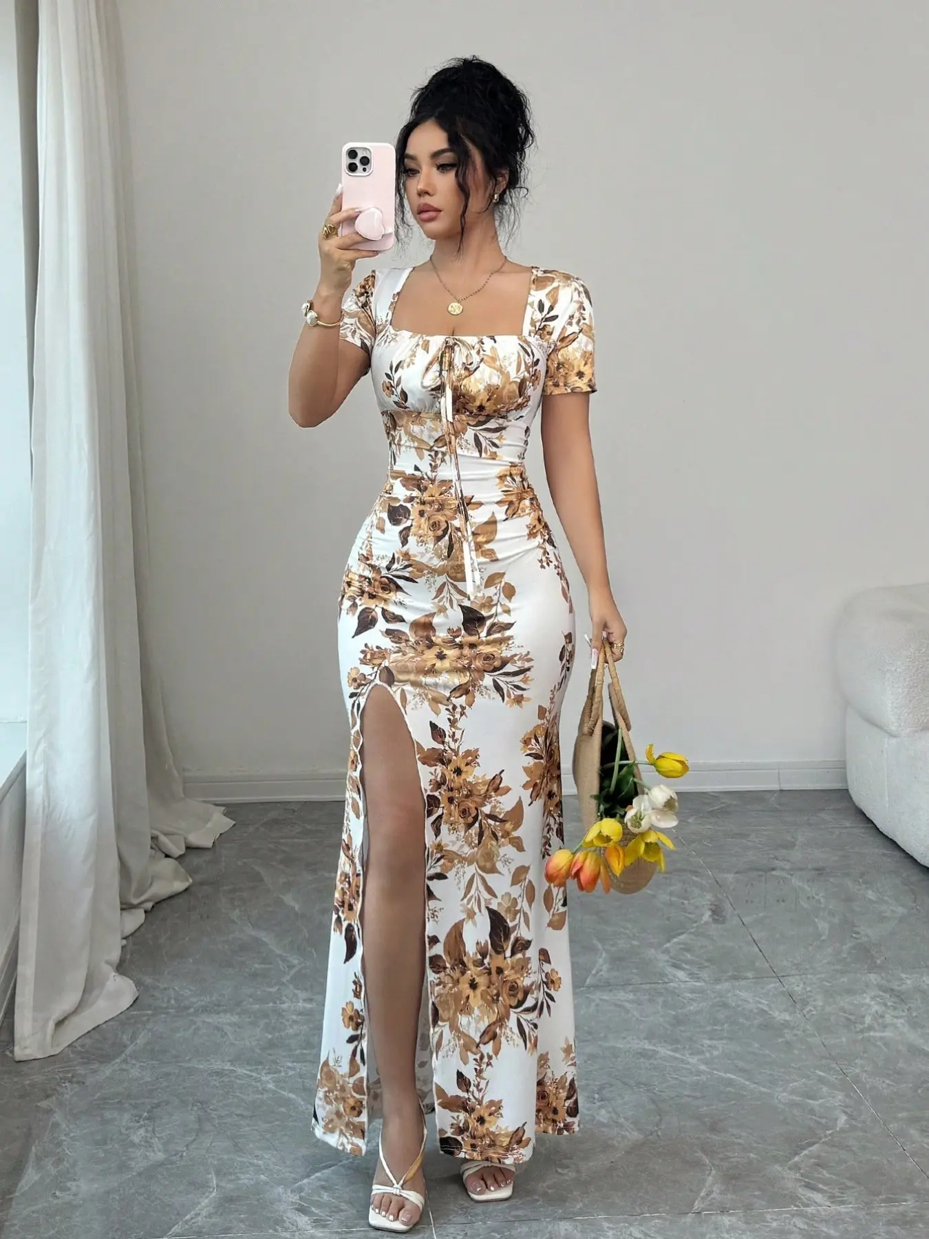 Summer New Elegant Chic Floral Print Short Dress Sleeves for Women, Waist-Cropped Split Hem Design, Perfect for Dates, Parties, Daily Wear, Slim Fit