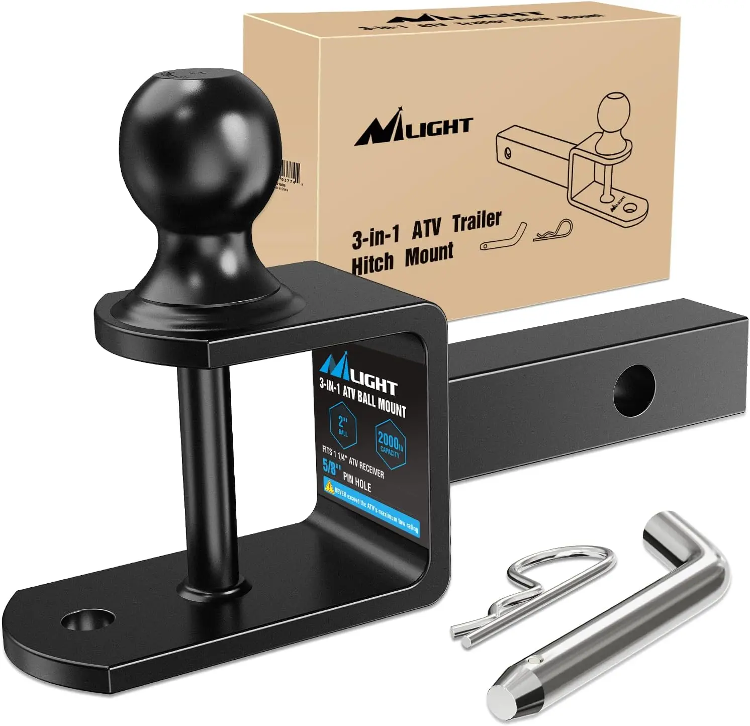 Nilight 3-in-1 ATV/UTV Trailer Hitch - Drop Forged Steel, 2-in Ball Hitch (2000 LBS Rating), 1-1/4-in Receiver Fit, 5000 LBS Winch Strap Loop, Pin and Clip Included, Towing Accessory for Motorcycles, Trailers