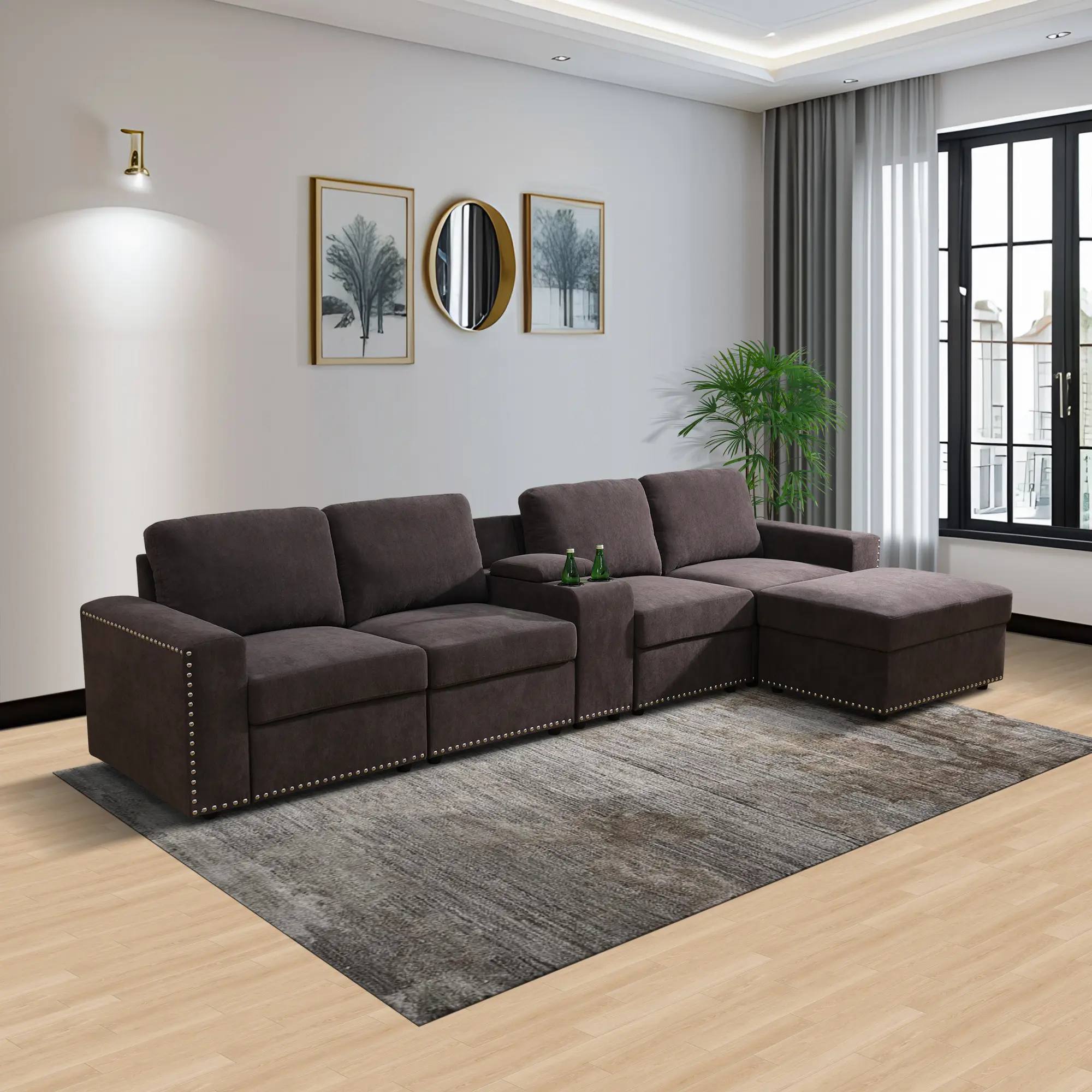 Brown Cotton 6-Piece Modern Sofas Set with Fixed Arms, Soft Plush Warm Durable Sturdy Indoor Living Room Home Furniture, Assembly Required