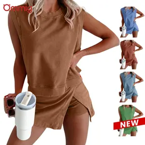 Ommig Womens Travel Outfits Summer Lounge Set Two Pieces Mineral Wash Cotton Tank Top Lined Split Athletic Skirt Set