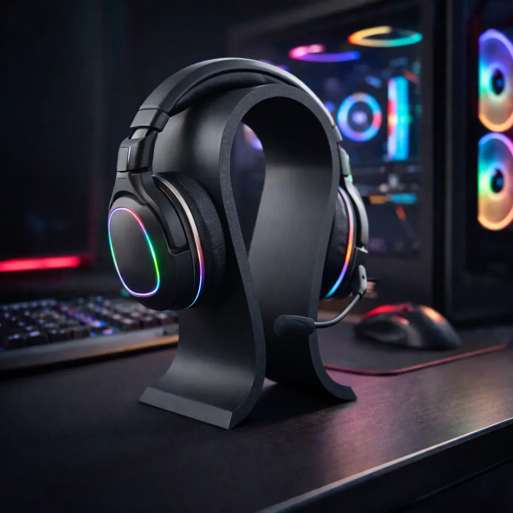 Affordable Gaming Headphone Stand - Black Desk Headset Holder for PC Laptop & Console - Sturdy Durable Design - Modern Minimalist Finish - Saves Desk Space - Protects Headphones