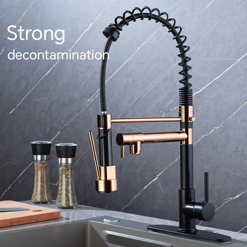 Kitchen faucet with pull-down spray, single handle double outlet commercial kitchen sink faucet, solid copper body, compatible with deck 1 or 3 holes Durable Multi Purpose