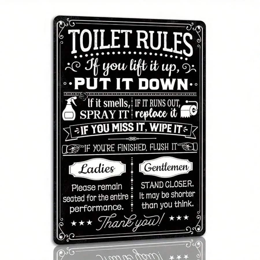 1pc Humorous Iron Metal Bathroom Sign – Funny English Toilet Rules Wall Art, Multipurpose Home & Bar Décor, Wall Hanging, Restroom Etiquette Reminder Decoration Gift