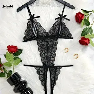 Jelsubi Sexy Lace Bodysuit| A deep V-neck bodysuit with delicate spaghetti straps and bow accents, adorned with floral lace details, designed exclusively for women.Lace Lingerie Set,floral lace mesh lingerie,sneaky lingerie,bustier lingerie.sexy night