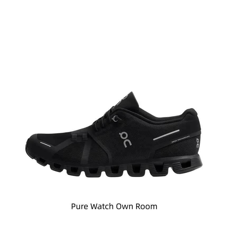 Minimalist matte full black lightweight mesh sport shoe with thin padded black collar, wide segmented hollow matte black sole, thin knit fabric ideal for dark monochrome outdoor functional aesthetic fits.