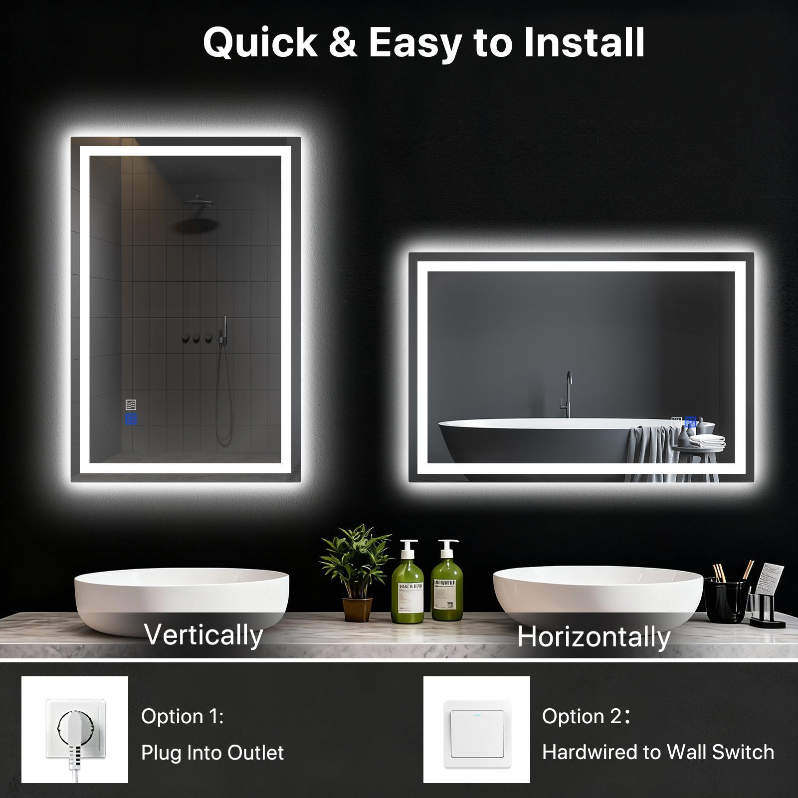 GLITGATE LED Bathroom Mirror Lights, Dimmable Bathroom Mirror with Touch Control, Over Sink Bathroom Mirror with Tempered Glass, 3-Color Options, Wall Mounted, Defogging&Memory Timing Function, Closets, Hallways,Barber Shop