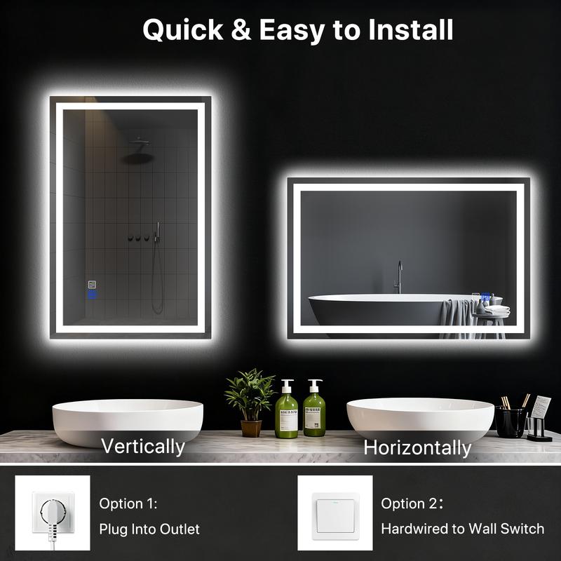 GLITGATE LED Bathroom Mirror Lights, Dimmable Bathroom Mirror with Touch Control, Over Sink Bathroom Mirror with Tempered Glass, 3-Color Options, Wall Mounted, Defogging&Memory Timing Function, Closets, Hallways,Barber Shop
