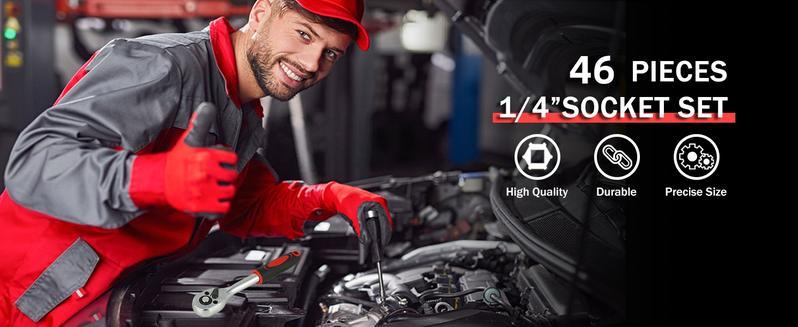 46pcs Chrome Vanadium Steel 1/4 Inch Drive Quick-Release Socket Ratchet Wrench Set - Metric Bit Sockets, Extension Bar, Corrosion-Resistant Kitchen Hardware for Auto Repairing, Gift for Husband, Boyfriend, Machinery