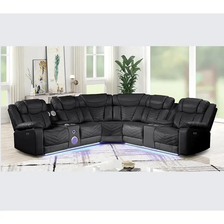 High-End Minimal Chic Black Modern Recliner Sectional Sofa - Adult Indoor Living Room Faux Leather-Wood Furniture with Stainless Steel Accents, Built-In USB Ports, Control Panel for LED and Bluetooth, Foam Cushioning, Assembly Required