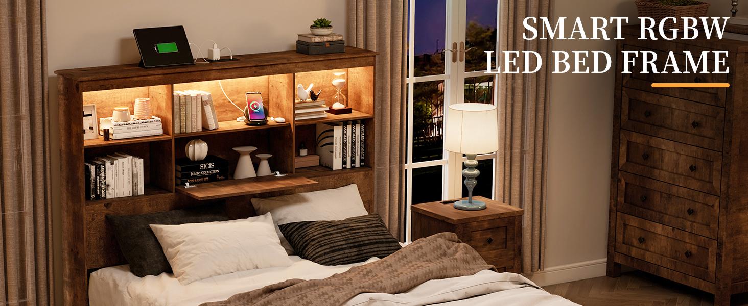 [Spring Sale] AMERLIFE Full/Queen/King Size Bed Frame with Storage Bookshelf Headboard, Industrial Wooden Bed Frame with Charging Station & 4 Drawers, No Box Spring Needed/Luxury Bedroom Furniture