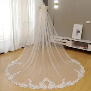 Ethereal Cathedral Length Bridal Veil with Leafy Floral Lace Edge - Sheer Soft Tulle Wedding Veil with Scattered Lace Appliques and Comb for Bride