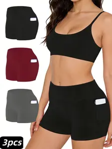 High-Waisted Yoga Shorts for Women, Three-Quarter Length, One-Piece Athletic Shorts with Pockets, Suitable for Outdoor Cycling, Fitness, Running, And Leisure Activities, Seamless Safety Shorts, High-Waisted Tummy Control Shorts, Suitable for Outerwear