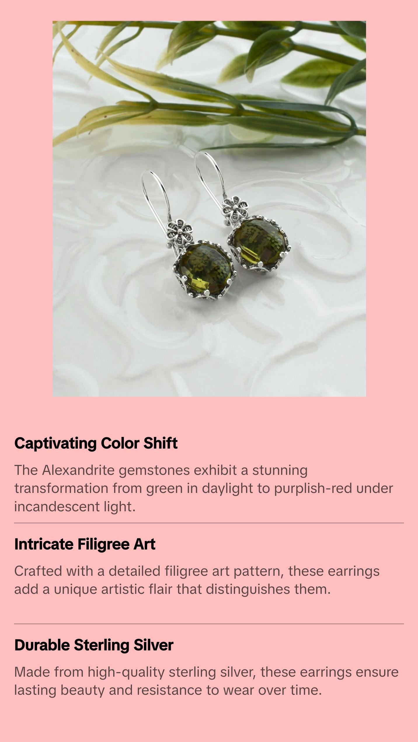 Filigree Art Alexandrite Gemstone Women Sterling Silver Drop Earrings