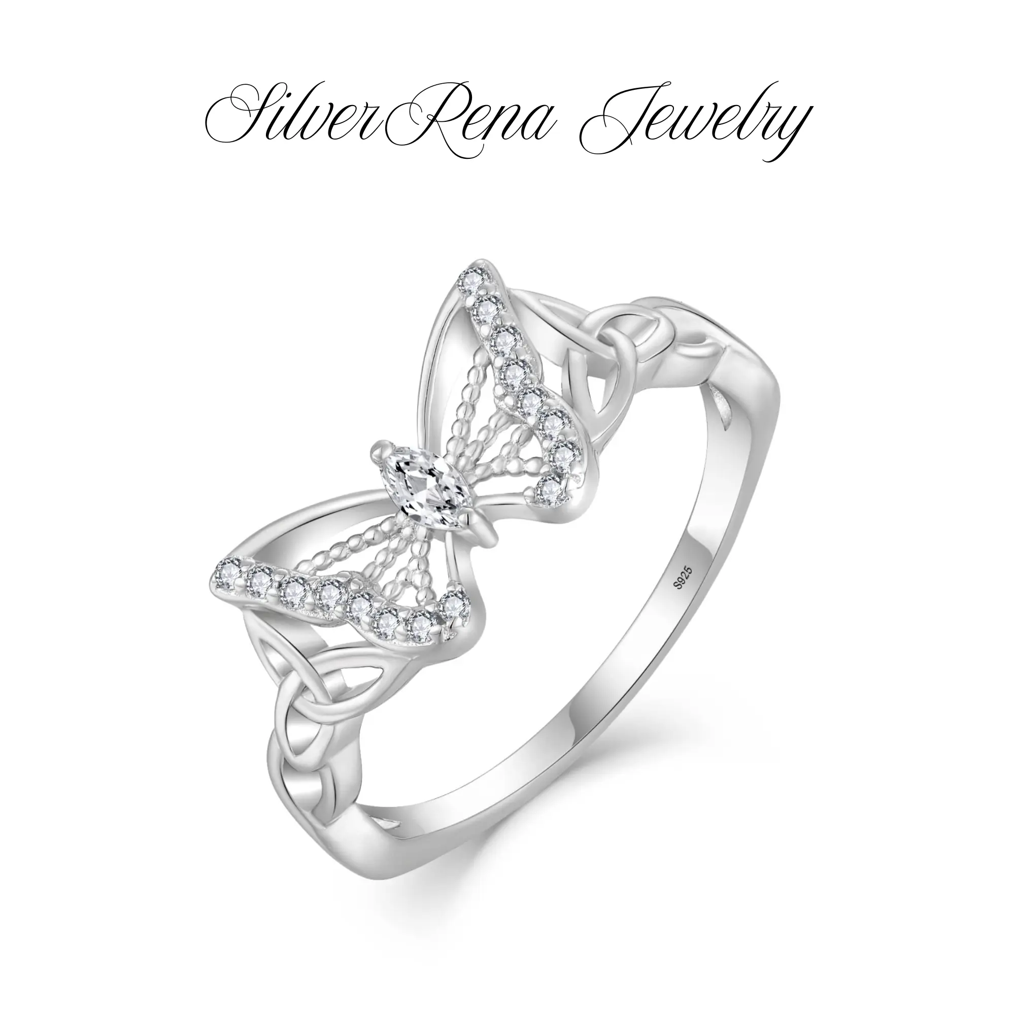 S925 Sterling Silver Butterfly Ring with 5A Cubic Zirconia Accent, Celtic Knot Design, Daily Wear Jewelry for Women