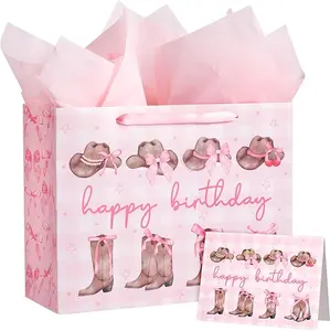 Large Pink Cowgirl Birthday Gift Bag with Card and Tissue Paper - Western Bow Happy Birthday Wrapping Paper Bags for Party Favors Decor  Women Supplies