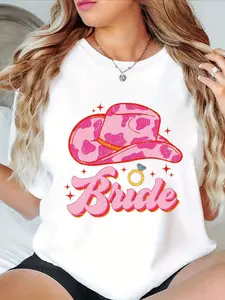 100% Cotton Women's Western Bride T-Shirt - Short Sleeve Crew Neck Wedding Top with Bridesmaid & Guest Lettering, Spring Summer Casual Blouse for Bridal Party Outfits